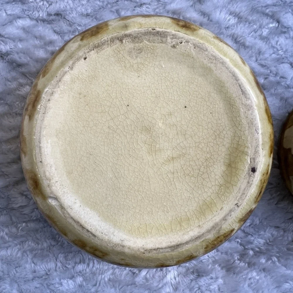 Vintage Yellowware Spongeware Bowl & Cup Set Brown Spatter Glaze 556